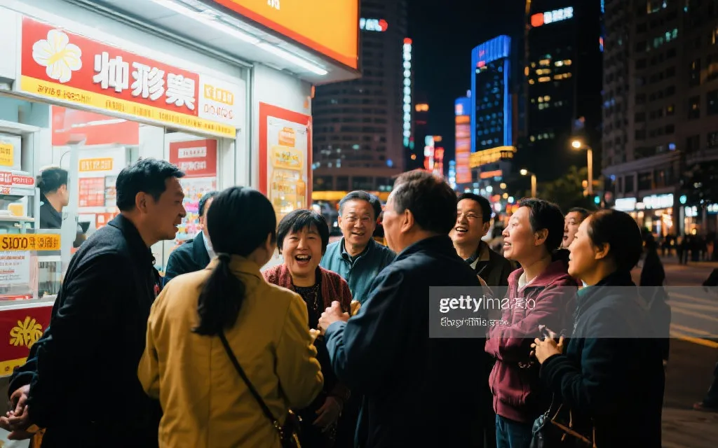 人们在彩票站点前交流,展现社区关注热情